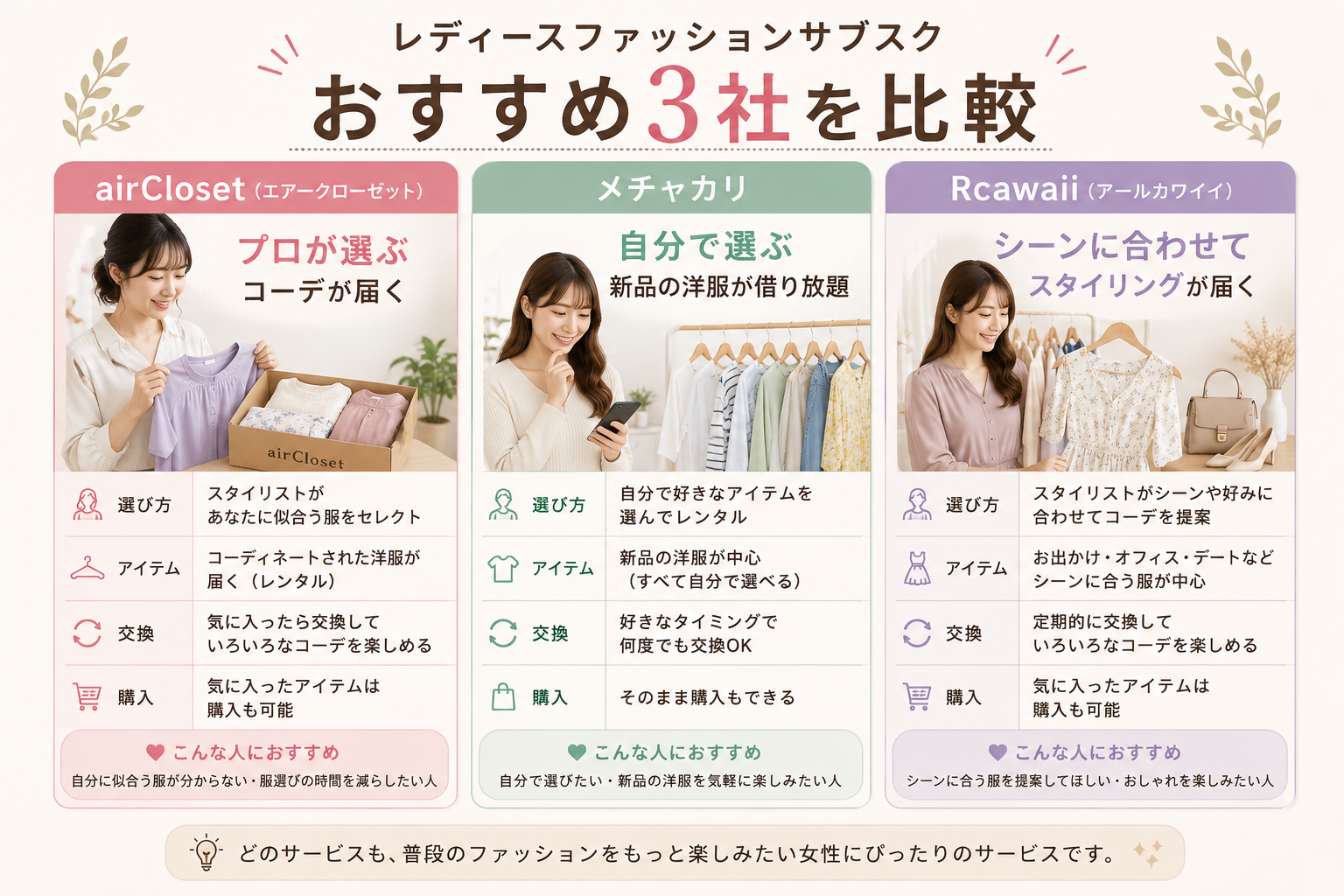 レディースファッションサブスク3社の特徴比較