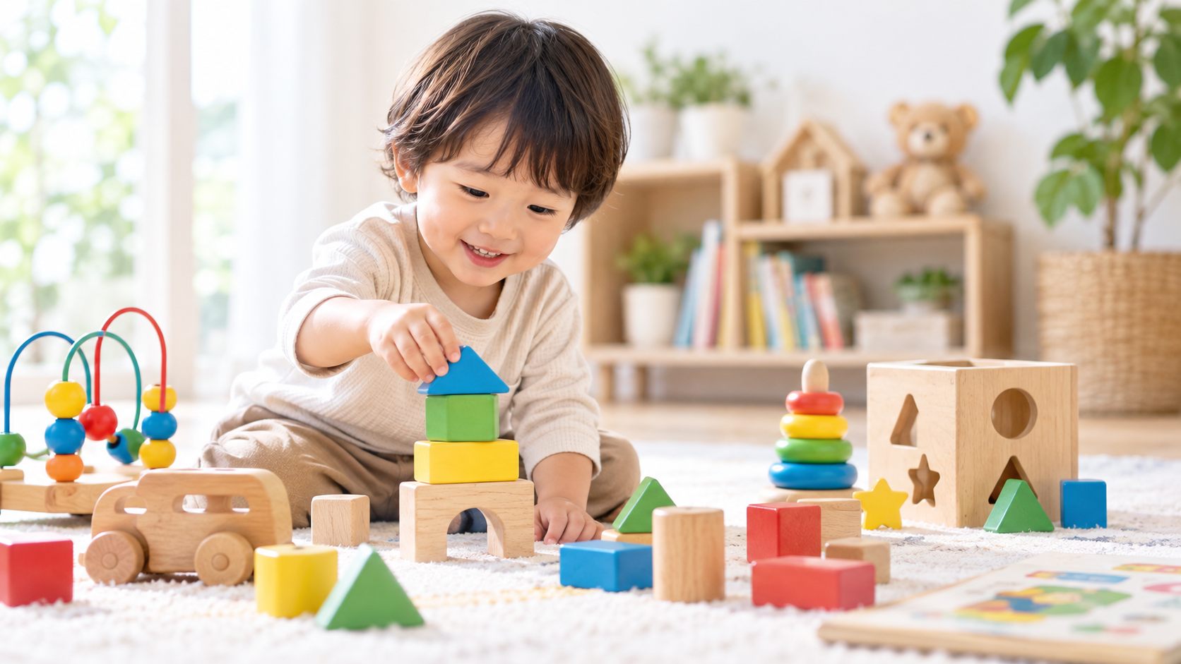 知育玩具や積み木で遊ぶ子ども