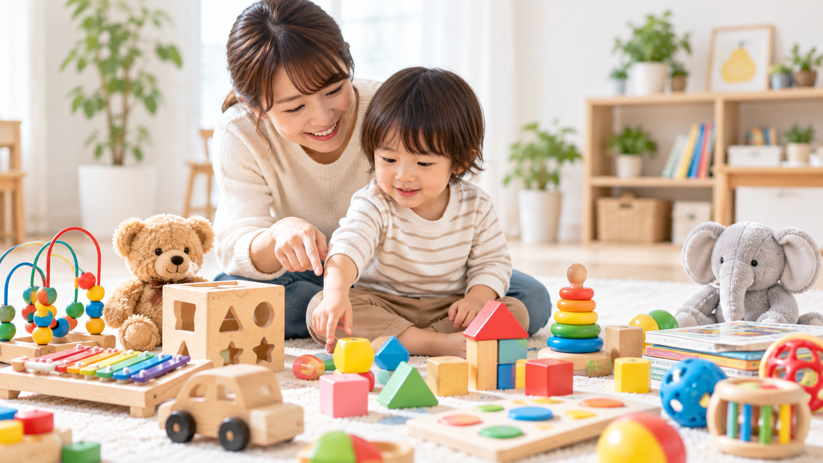 さまざまなおもちゃから選ぶ親子